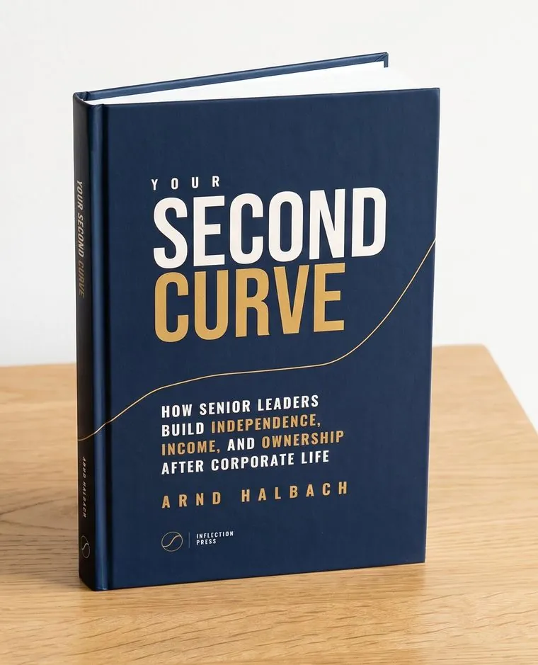Your Second Curve by Arnd Halbach - the navy hardcover standing on an oak table, gold second-curve line on the cover, subtitle: how senior leaders build independence, income, and ownership after corporate life